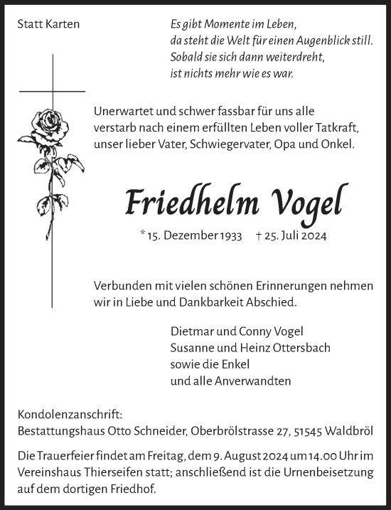 Anzeige von Friedhelm Vogel von  Lokalanzeiger 