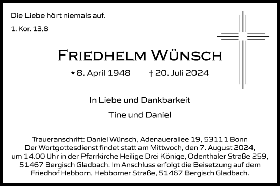 Anzeige von Friedhelm Wünsch von Kölner Stadt-Anzeiger / Kölnische Rundschau / Express