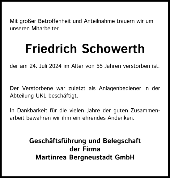 Anzeige von Friedrich Schowerth von Kölner Stadt-Anzeiger / Kölnische Rundschau / Express