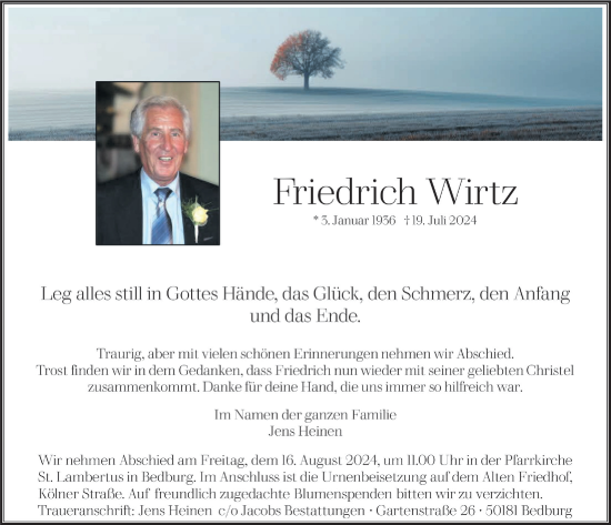 Anzeige von Friedrich Wirtz von  Werbepost 