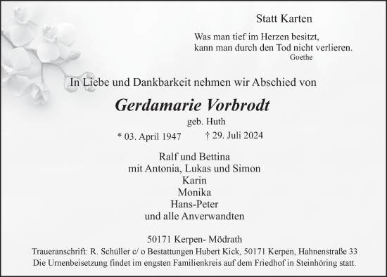 Anzeige von Gerdamarie Vorbrodt von  Werbepost 