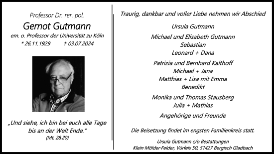 Anzeige von Gernot Gutmann von Kölner Stadt-Anzeiger / Kölnische Rundschau / Express