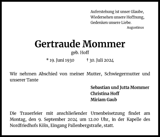 Anzeige von Gertraude Mommer von Kölner Stadt-Anzeiger / Kölnische Rundschau / Express
