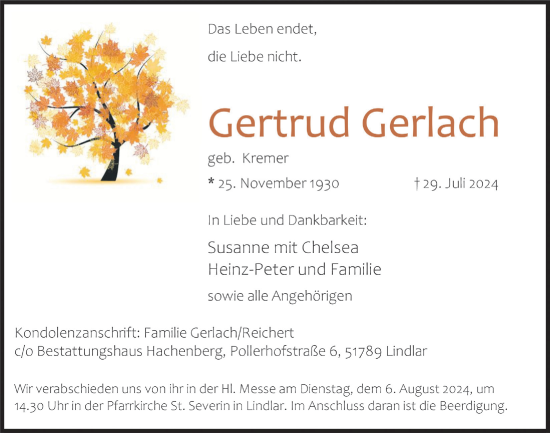 Anzeige von Gertrud Gerlach von  Anzeigen Echo 