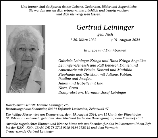 Anzeige von Gertrud Leininger von Kölner Stadt-Anzeiger / Kölnische Rundschau / Express