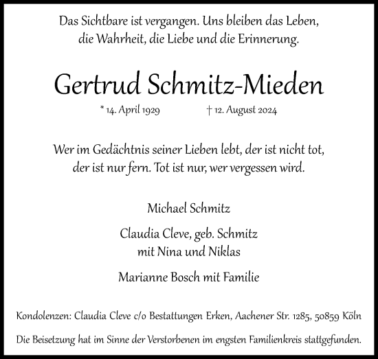 Anzeige von Gertrud Schmitz-Mieden von Kölner Stadt-Anzeiger / Kölnische Rundschau / Express