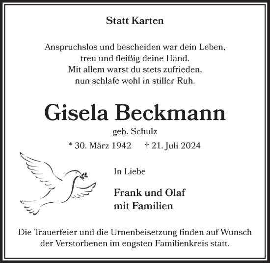 Anzeige von Gisela Beckmann von  Lokale Informationen 