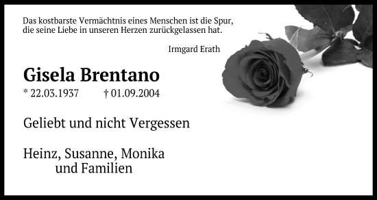 Anzeige von Gisela Brentano von Kölner Stadt-Anzeiger / Kölnische Rundschau / Express