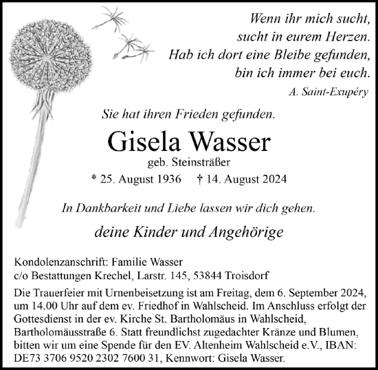 Anzeige von Gisela Wasser von  Extra Blatt 