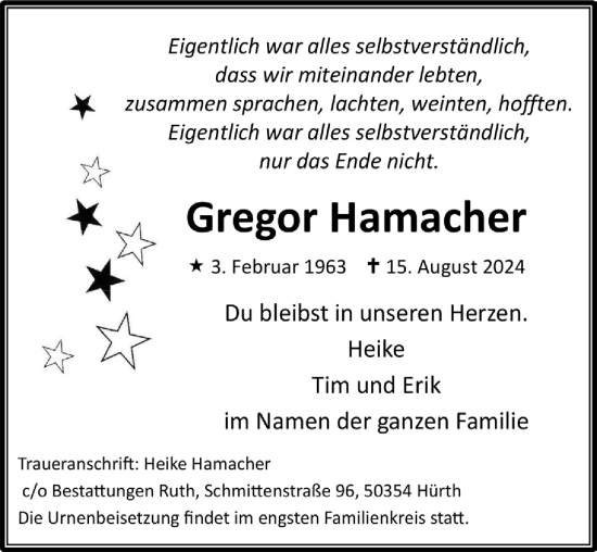 Anzeige von Gregor Hamacher von  Wochenende 