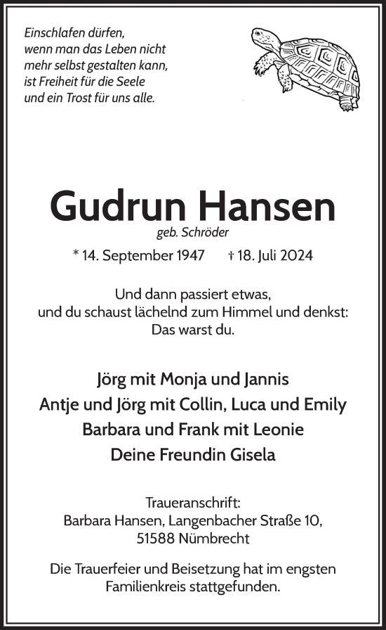 Anzeige von Gudrun Hansen von  Lokalanzeiger 