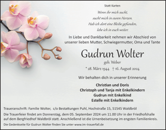Anzeige von Gudrun Wolter von  Lokalanzeiger 