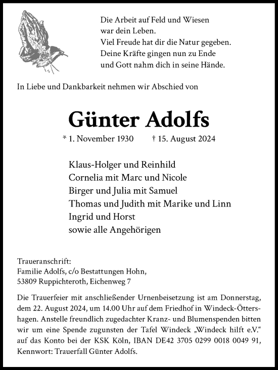 Anzeige von Günter Adolfs von Kölner Stadt-Anzeiger / Kölnische Rundschau / Express