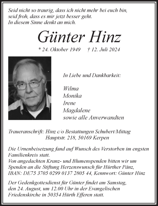 Anzeige von Günter Hinz von  Wochenende 