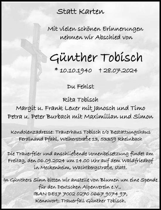 Anzeige von Günther Tobisch von  Schaufenster/Blickpunkt 