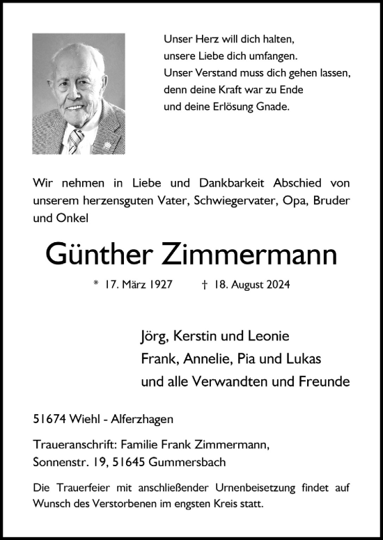 Anzeige von Günther Zimmermann von  Anzeigen Echo 