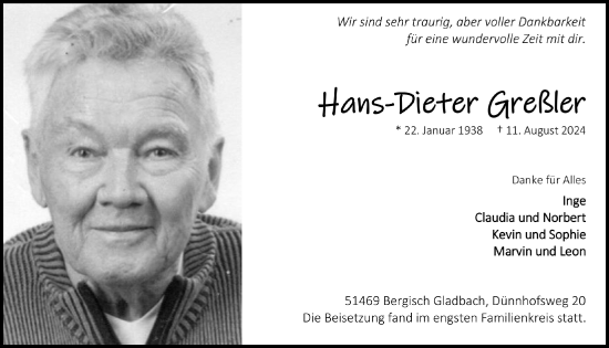 Anzeige von Hans-Dieter Greßler von  Bergisches Handelsblatt 