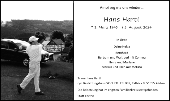 Anzeige von Hans Hartl von Kölner Stadt-Anzeiger / Kölnische Rundschau / Express
