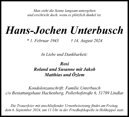 Anzeige von Hans-Jochen Unterbusch von Kölner Stadt-Anzeiger / Kölnische Rundschau / Express