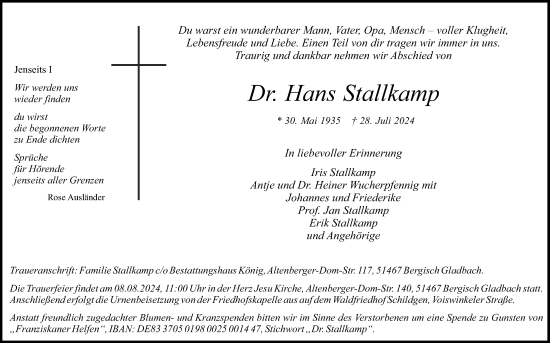 Anzeige von Hans Stallkamp von Kölner Stadt-Anzeiger / Kölnische Rundschau / Express