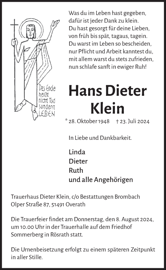 Anzeige von Hans Dieter Klein von  Bergisches Handelsblatt 