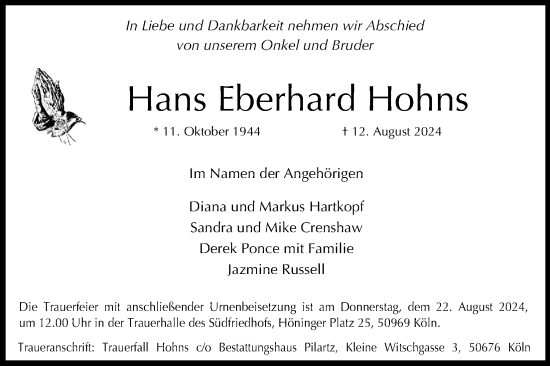 Anzeige von Hans Eberhard Hohns von Kölner Stadt-Anzeiger / Kölnische Rundschau / Express