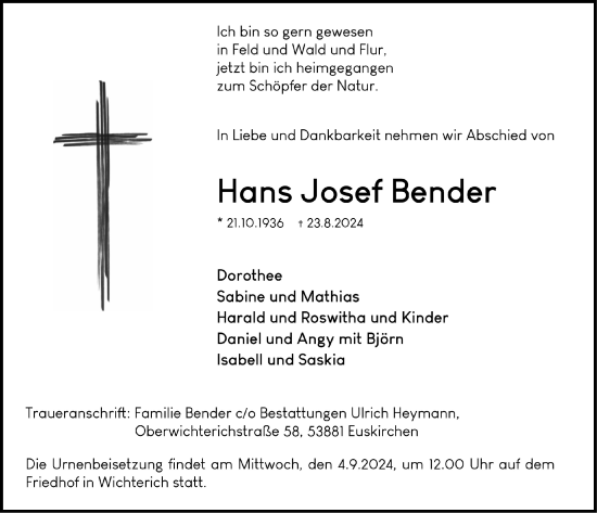 Anzeige von Hans Josef Bender von  Blickpunkt Euskirchen 
