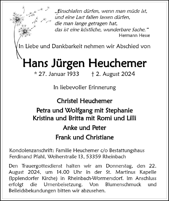 Anzeige von Hans Jürgen Heuchemer von  Schaufenster/Blickpunkt 