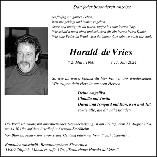 Anzeige von Harald de Vries von  Blickpunkt Euskirchen 