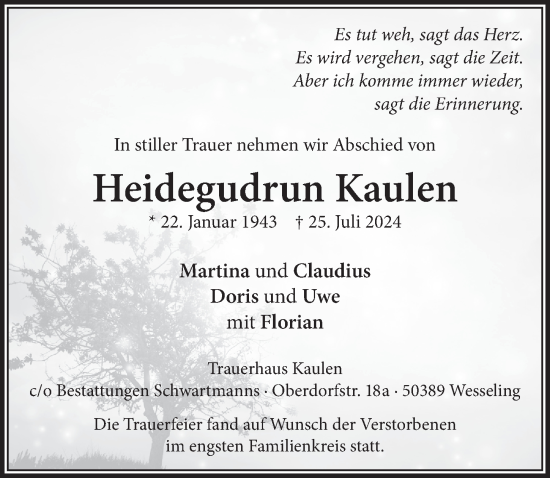 Anzeige von Heidegudrun Kaulen von  Schlossbote/Werbekurier 