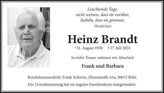 Anzeige von Heinz Brandt von  Wochenende 