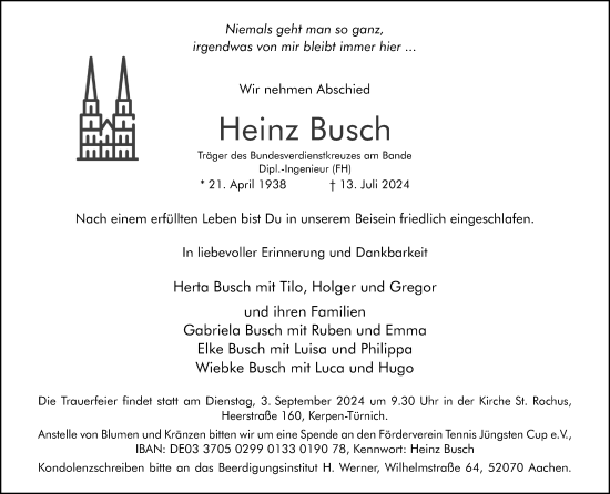 Anzeige von Heinz Busch von Kölner Stadt-Anzeiger / Kölnische Rundschau / Express
