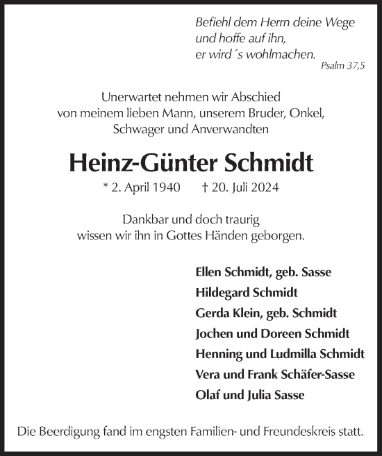 Anzeige von Heinz-Günter Schmidt von  Lokalanzeiger 
