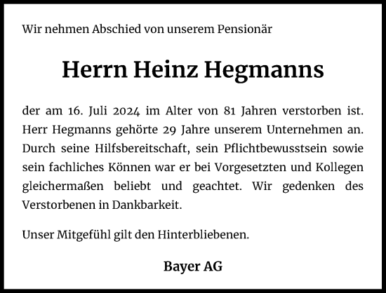 Anzeige von Heinz Hegmanns von Kölner Stadt-Anzeiger / Kölnische Rundschau / Express