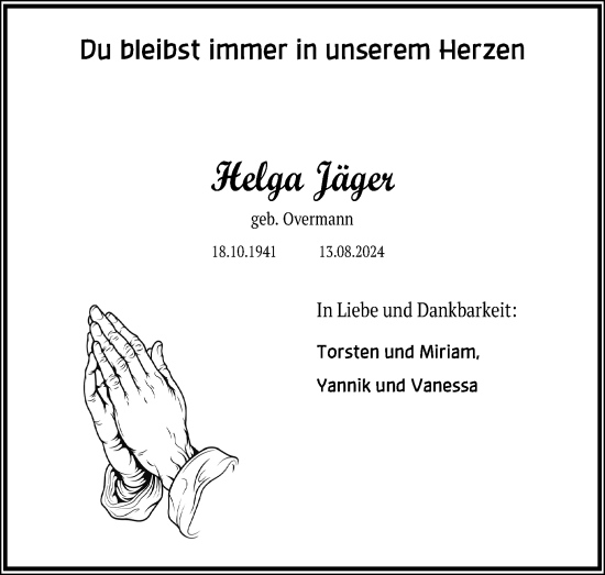 Anzeige von Helga Jäger von Kölner Stadt-Anzeiger / Kölnische Rundschau / Express