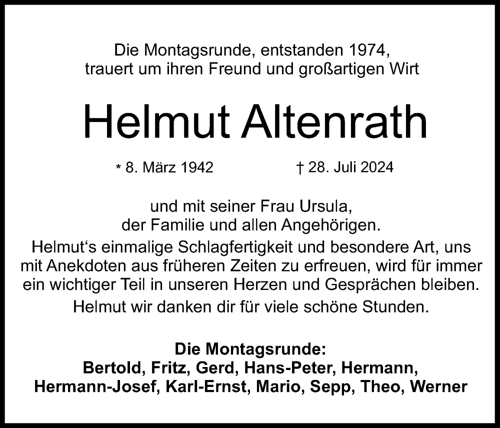  Traueranzeige für Helmut Altenrath vom 03.08.2024 aus Kölner Stadt-Anzeiger / Kölnische Rundschau / Express