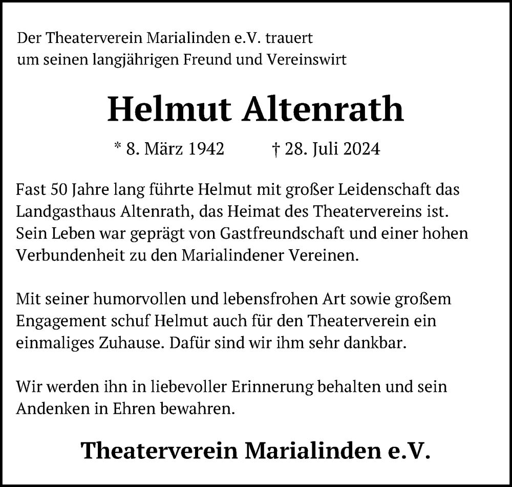  Traueranzeige für Helmut Altenrath vom 03.08.2024 aus Kölner Stadt-Anzeiger / Kölnische Rundschau / Express