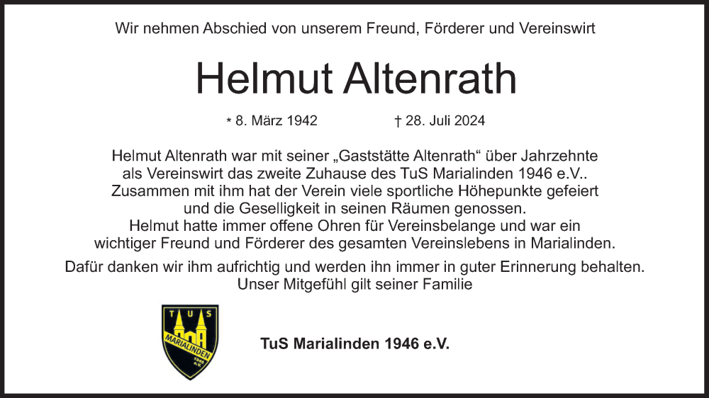  Traueranzeige für Helmut Altenrath vom 03.08.2024 aus Kölner Stadt-Anzeiger / Kölnische Rundschau / Express