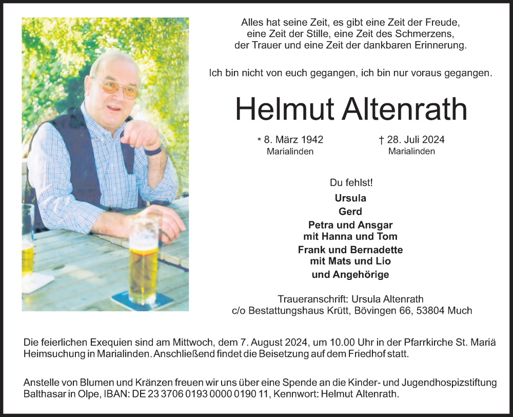  Traueranzeige für Helmut Altenrath vom 03.08.2024 aus Kölner Stadt-Anzeiger / Kölnische Rundschau / Express