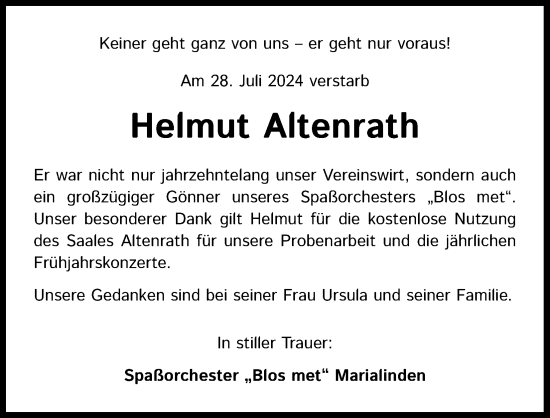 Anzeige von Helmut Altenrath von Kölner Stadt-Anzeiger / Kölnische Rundschau / Express