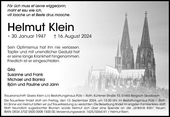 Anzeige von Helmut Klein von Kölner Stadt-Anzeiger / Kölnische Rundschau / Express