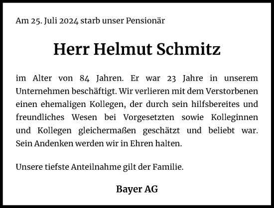 Anzeige von Helmut Schmitz von Kölner Stadt-Anzeiger / Kölnische Rundschau / Express