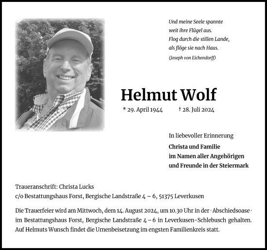 Anzeige von Helmut Wolf von Kölner Stadt-Anzeiger / Kölnische Rundschau / Express
