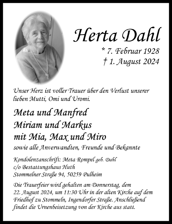 Anzeige von Herta Dahl von  Wochenende 