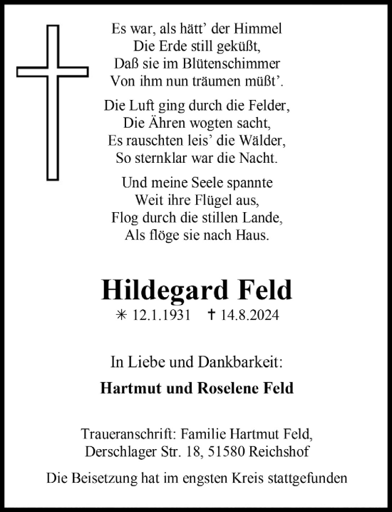 Anzeige von Hildegard Feld von  Anzeigen Echo 