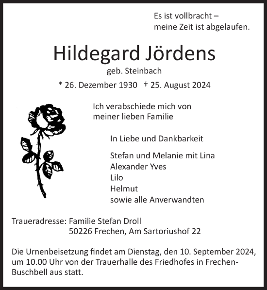 Anzeige von Hildegard Jördens von  Wochenende 