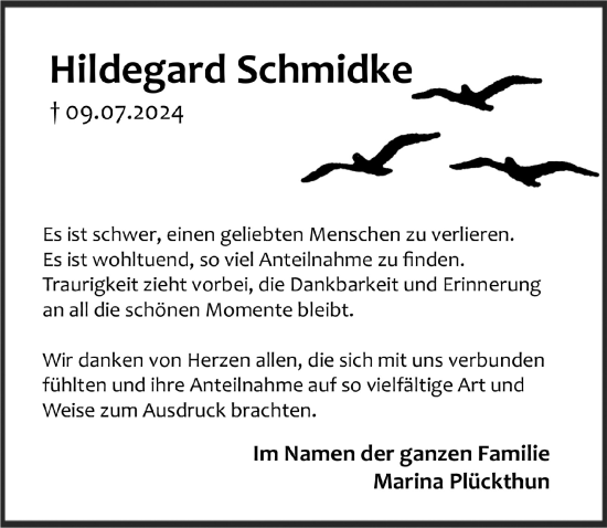 Anzeige von Hildegard Schmidke von  Anzeigen Echo 