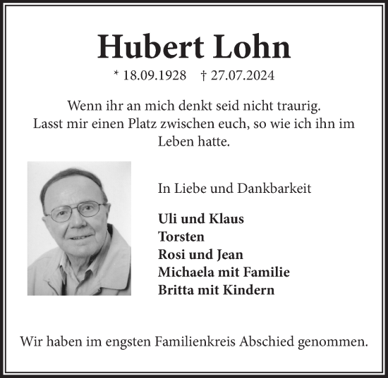 Anzeige von Hubert Lohn von  Blickpunkt Euskirchen 