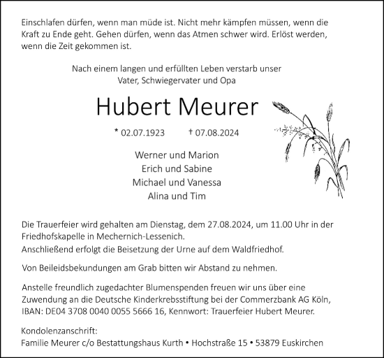 Anzeige von Hubert Meurer von  Blickpunkt Euskirchen 