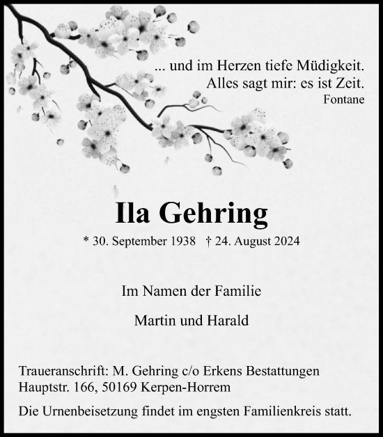 Anzeige von Ila Gehring von Kölner Stadt-Anzeiger / Kölnische Rundschau / Express